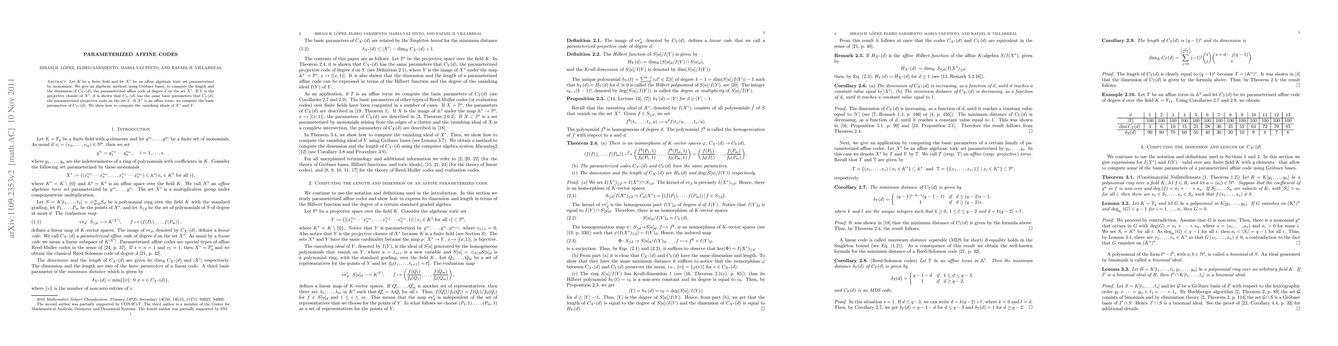 Thumbnail for Parameterized affine codes