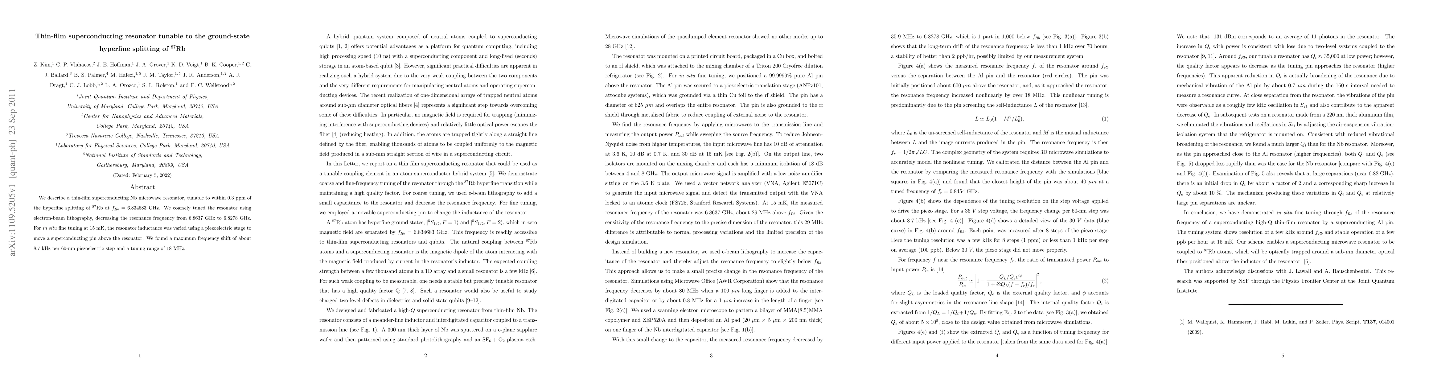 Thumbnail for Thin-film superconducting resonator tunable to the ground-state
  hyperfine splitting of $^{87}$Rb