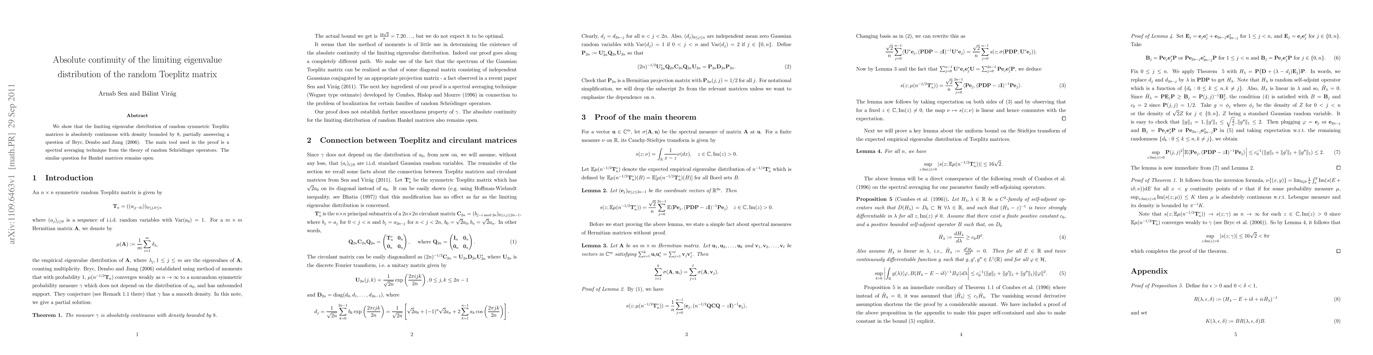 Thumbnail for Absolute continuity of the limiting eigenvalue distribution of the
  random Toeplitz matrix