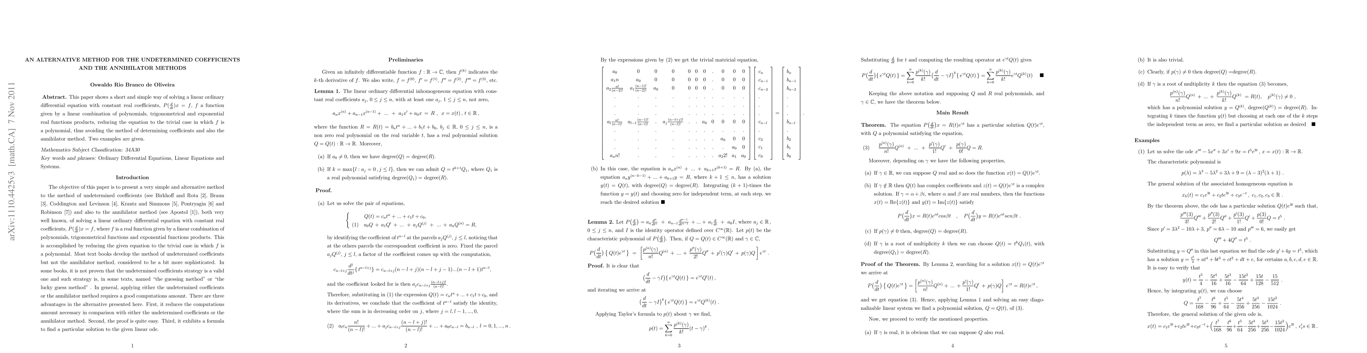 Thumbnail for An Alternative Method for the Undetermined Coefficients and the
  Annihilator Methods