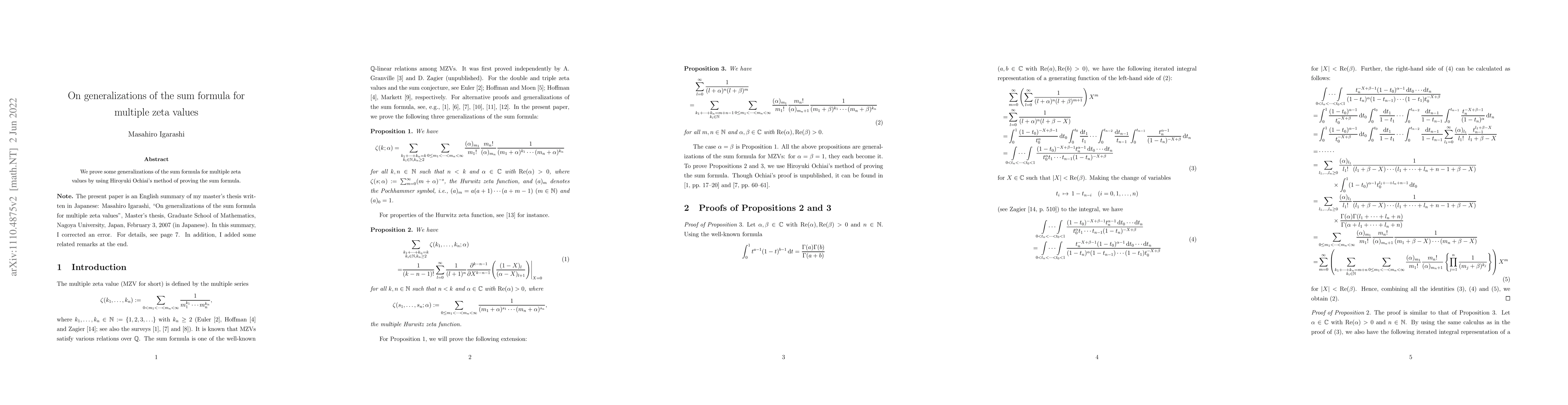 Thumbnail for On generalizations of the sum formula for multiple zeta values