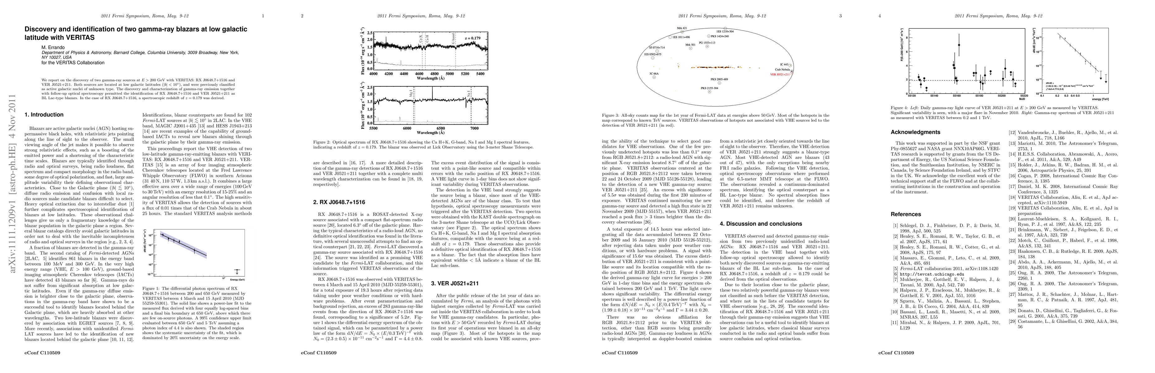 Thumbnail for Discovery and identification of two gamma-ray blazars at low galactic
  latitude with VERITAS