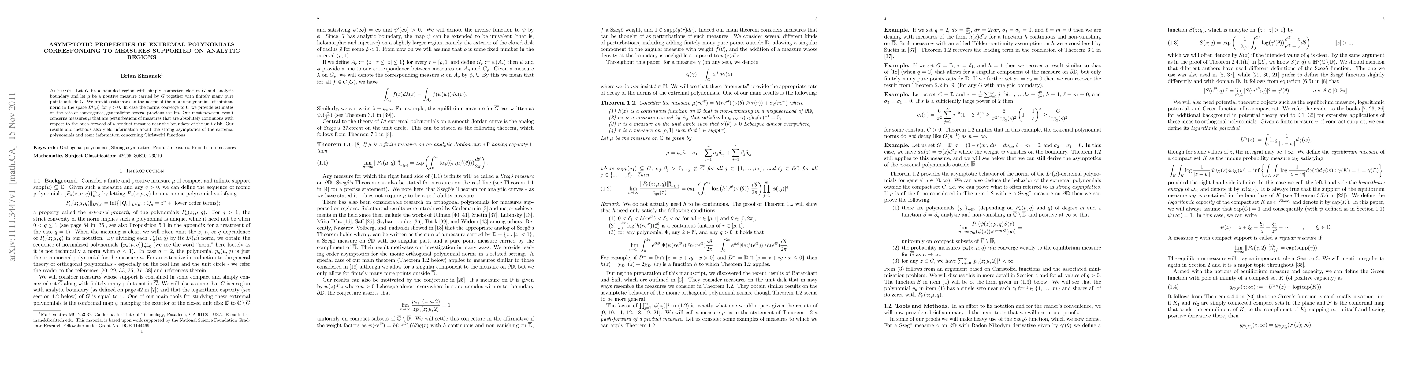 Thumbnail for Asymptotic Properties of Extremal Polynomials Corresponding to Measures
  Supported on Analytic Regions