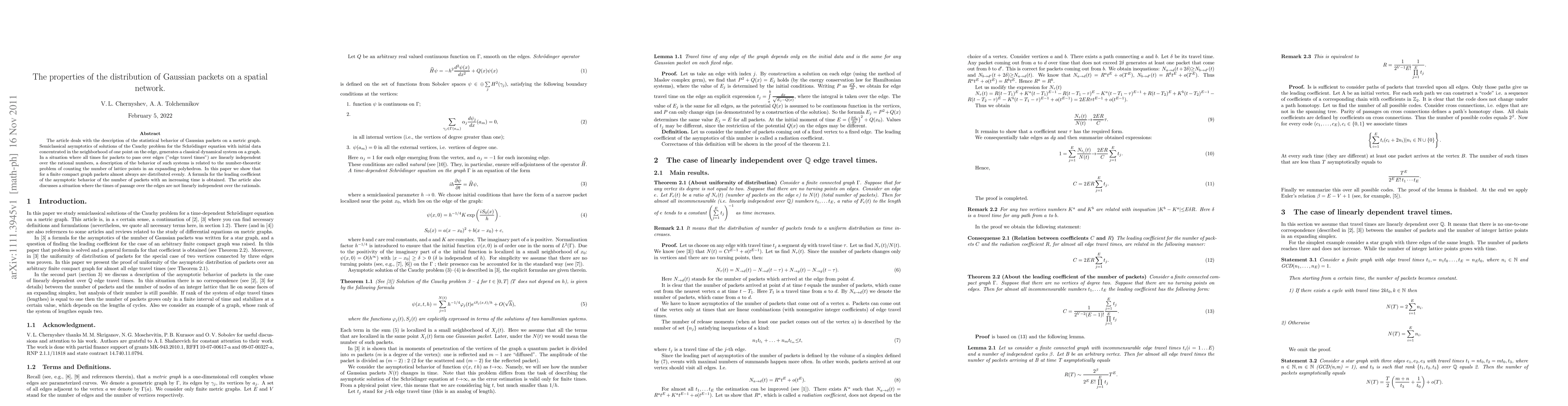Thumbnail for The properties of the distribution of Gaussian packets on a spatial
  network