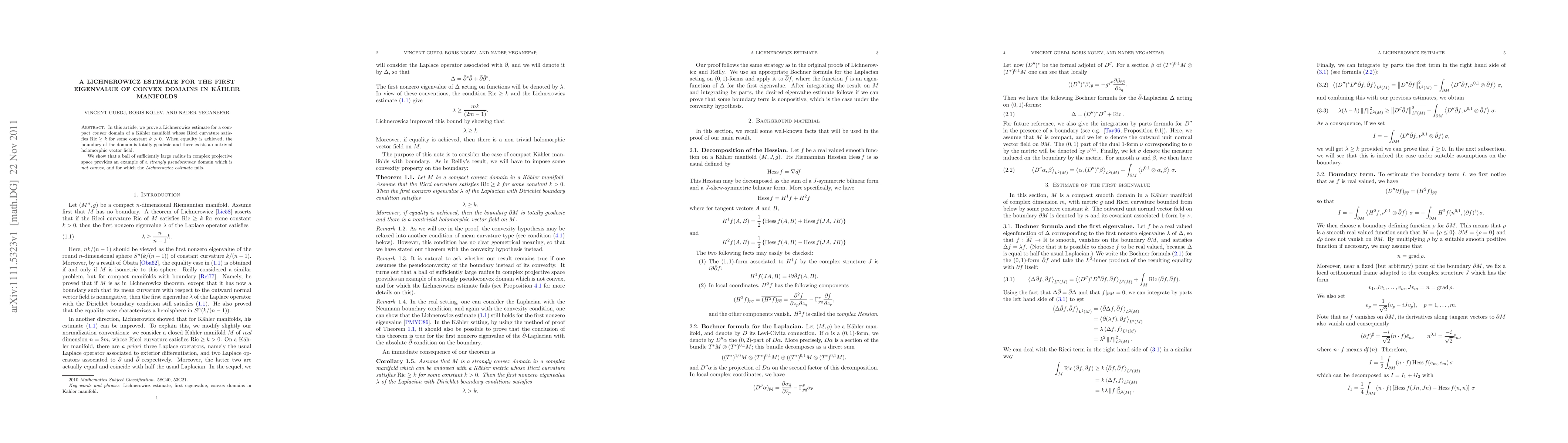 Thumbnail for A Lichnerowicz estimate for the first eigenvalue of convex domains in
  K\"ahler manifolds