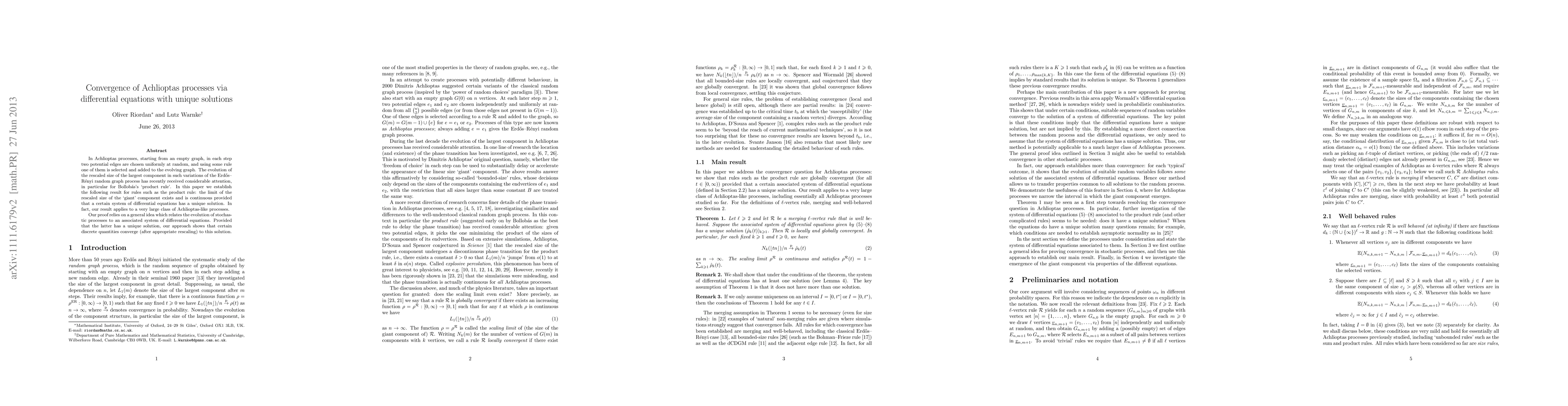 Thumbnail for Convergence of Achlioptas processes via differential equations with
  unique solutions