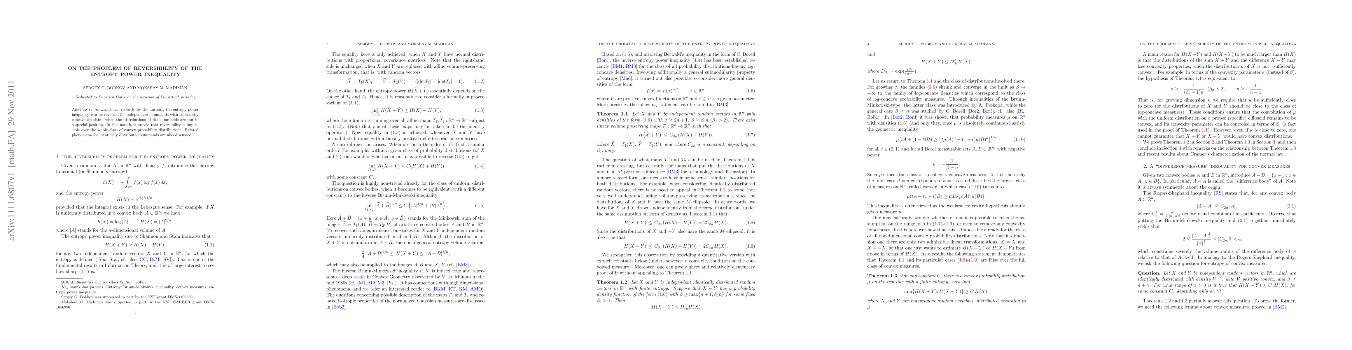 Thumbnail for On the problem of reversibility of the entropy power inequality