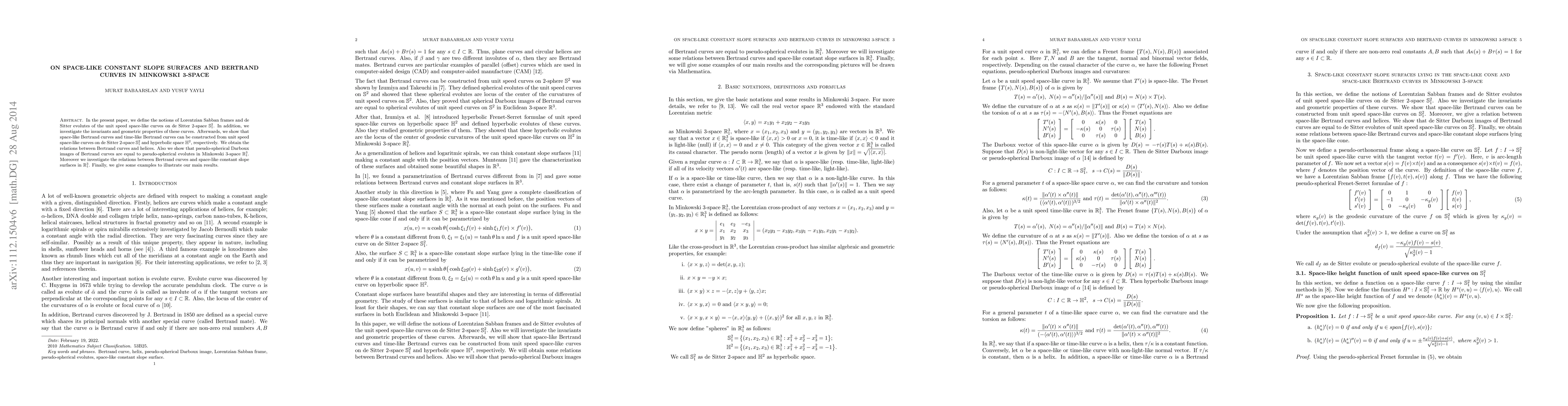 Thumbnail for On space-like constant slope surfaces and Bertrand curves in Minkowski
  3-space