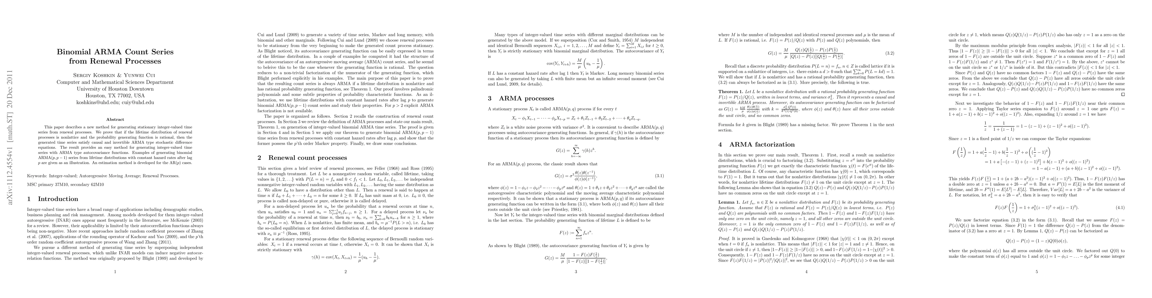 Thumbnail for Binomial ARMA count series from renewal processes