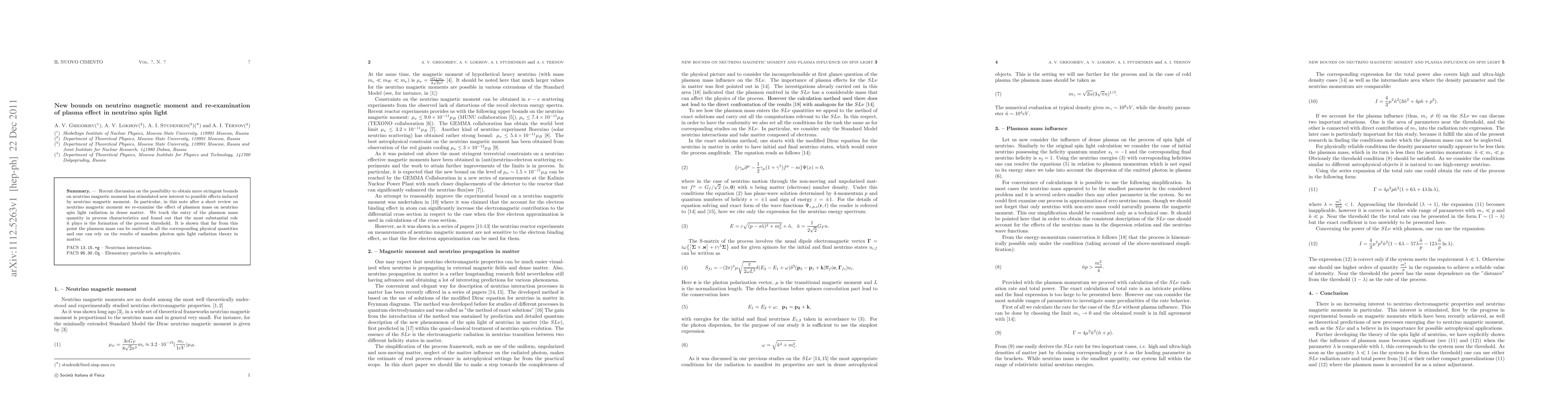 Thumbnail for New bounds on neutrino magnetic moment and re-examination of plasma
  effect in neutrino spin light