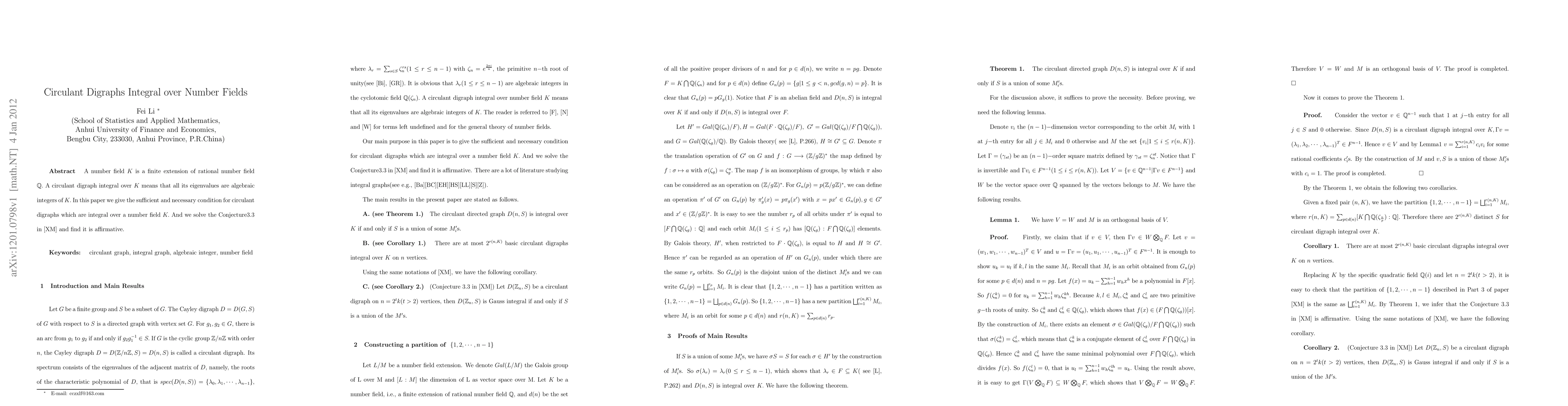 Thumbnail for Circulant Digraphs Integral over Number Fields