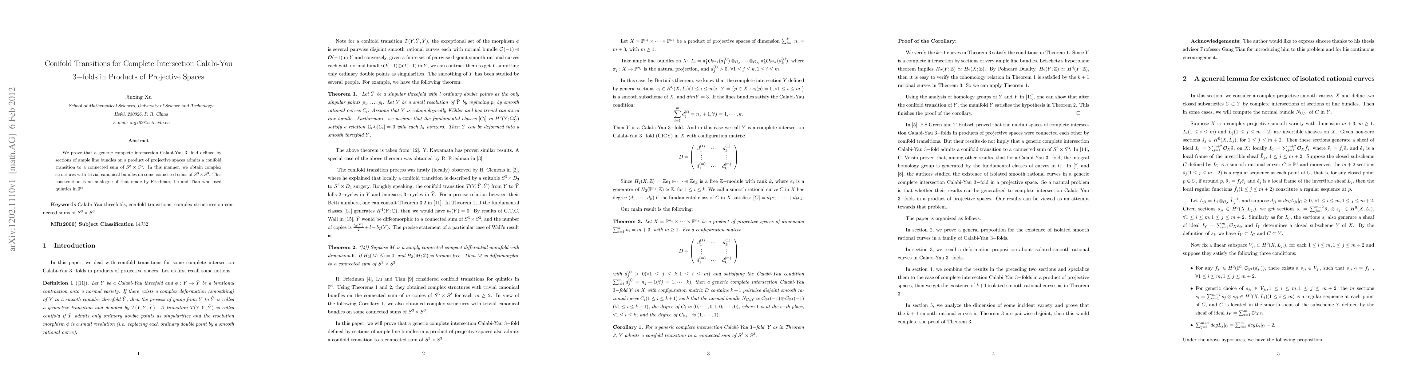 Thumbnail for Conifold Transitions for Complete Intersection Calabi-Yau 3-folds in
  Products of Projective Spaces
