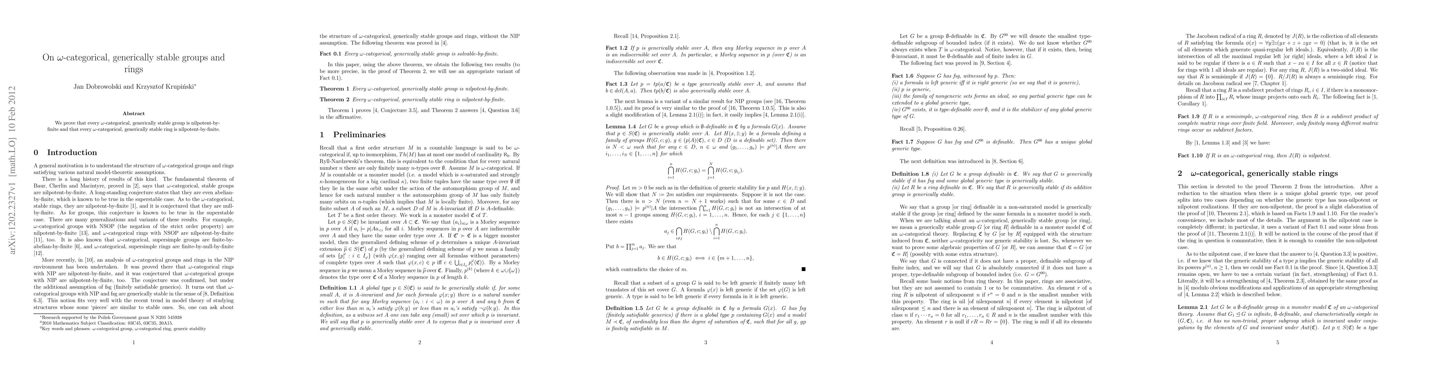 Thumbnail for On \omega-categorical, generically stable groups and rings
