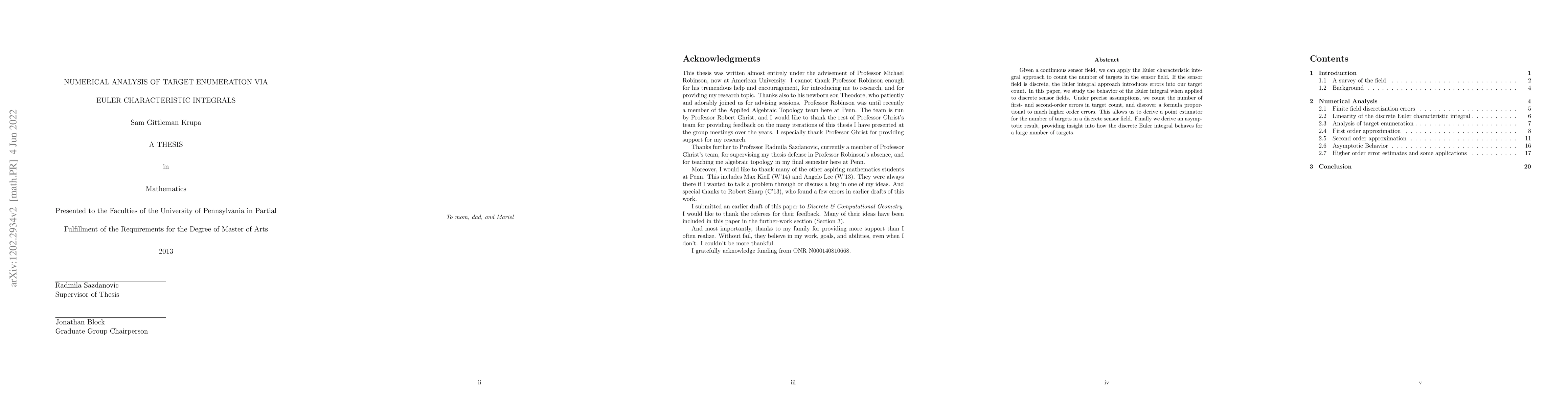 Thumbnail for Numerical Analysis of Target Enumeration via Euler Characteristic
  Integrals