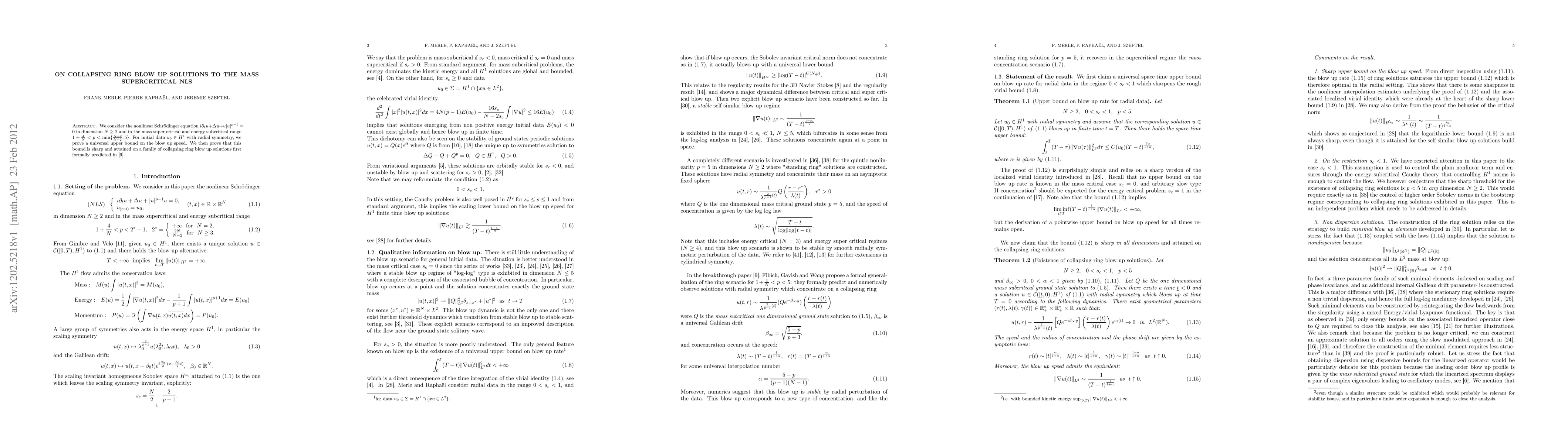 Thumbnail for On collapsing ring blow up solutions to the mass supercritical NLS
