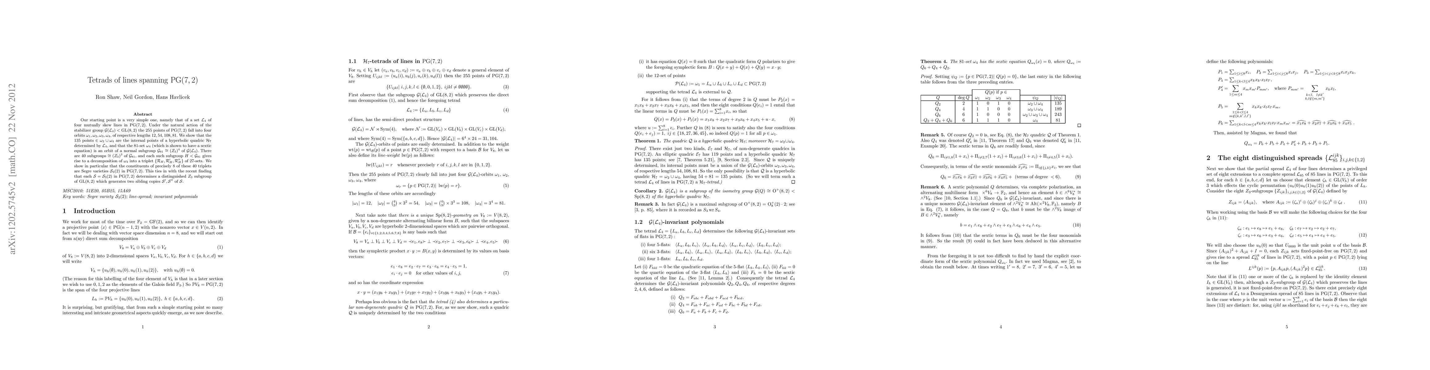 Thumbnail for Tetrads of lines spanning PG(7,2)