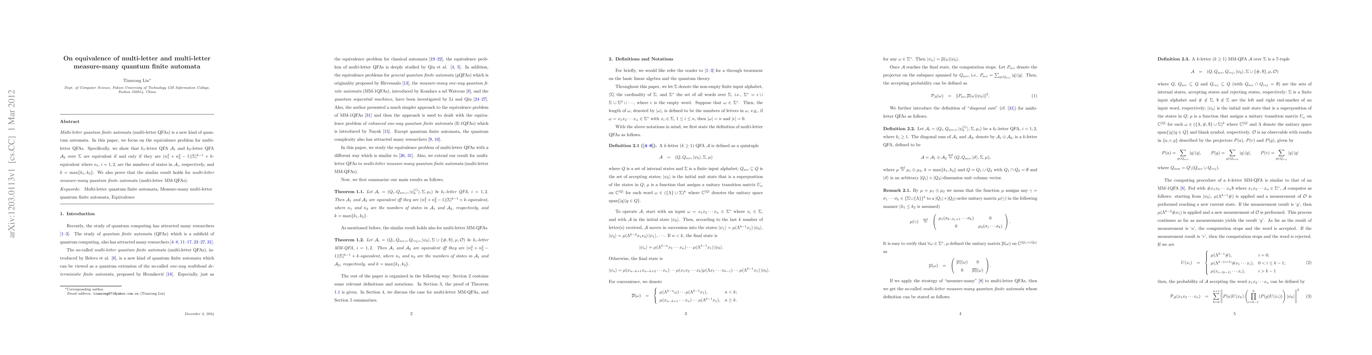 Thumbnail for On equivalence, languages equivalence and minimization of multi-letter
  and multi-letter measure-many quantum automata