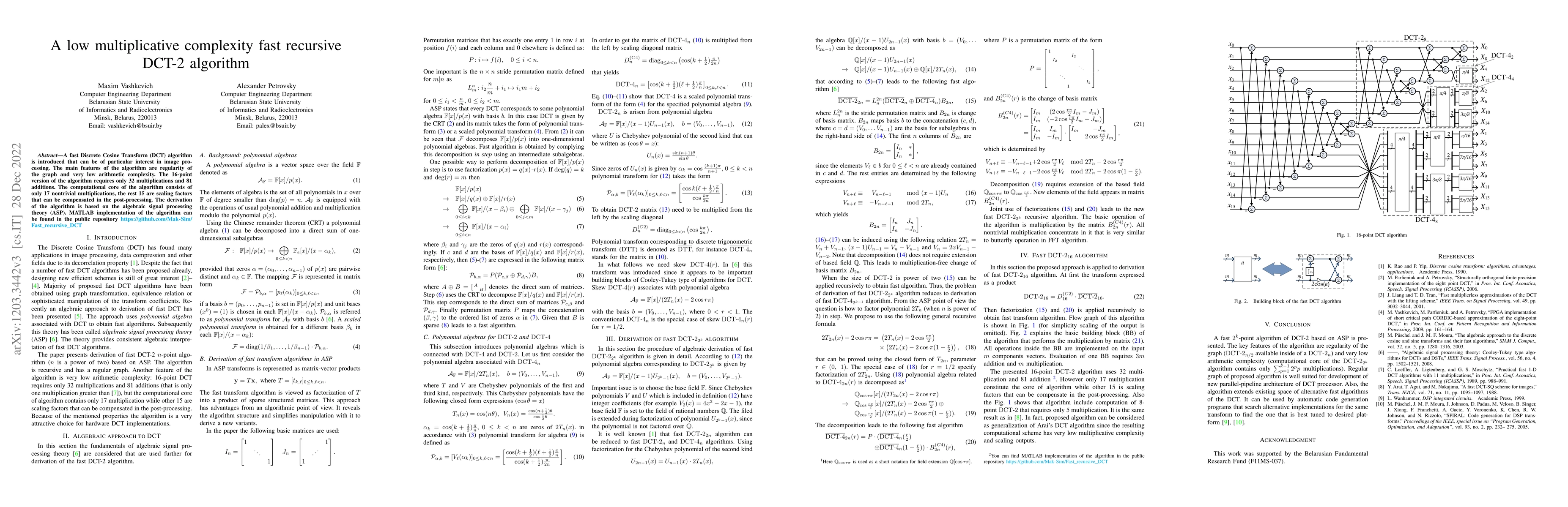 Thumbnail for A low multiplicative complexity fast recursive DCT-2 algorithm