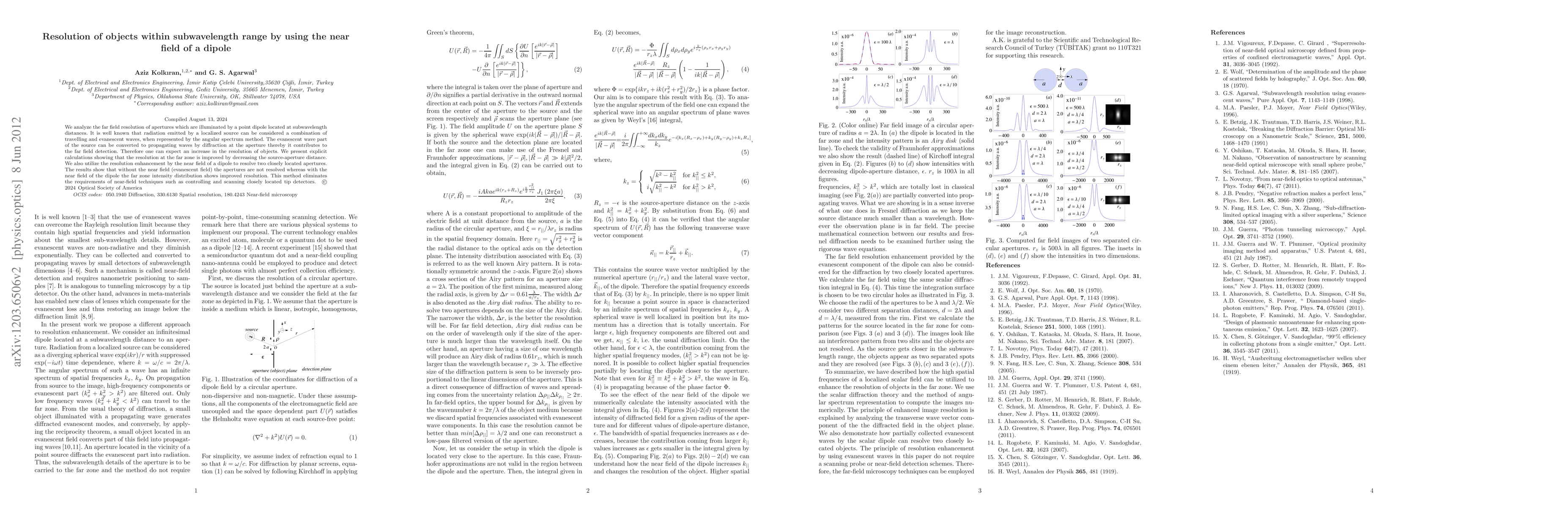 Thumbnail for Resolution of objects within subwavelength range by using the near field
  of a dipole