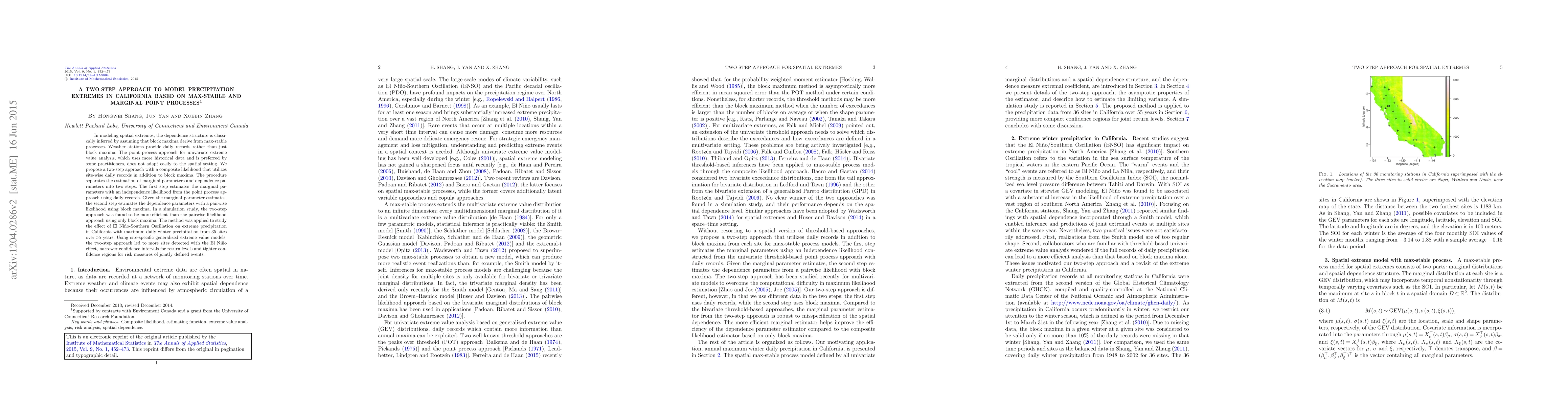 Thumbnail for A two-step approach to model precipitation extremes in California based
  on max-stable and marginal point processes