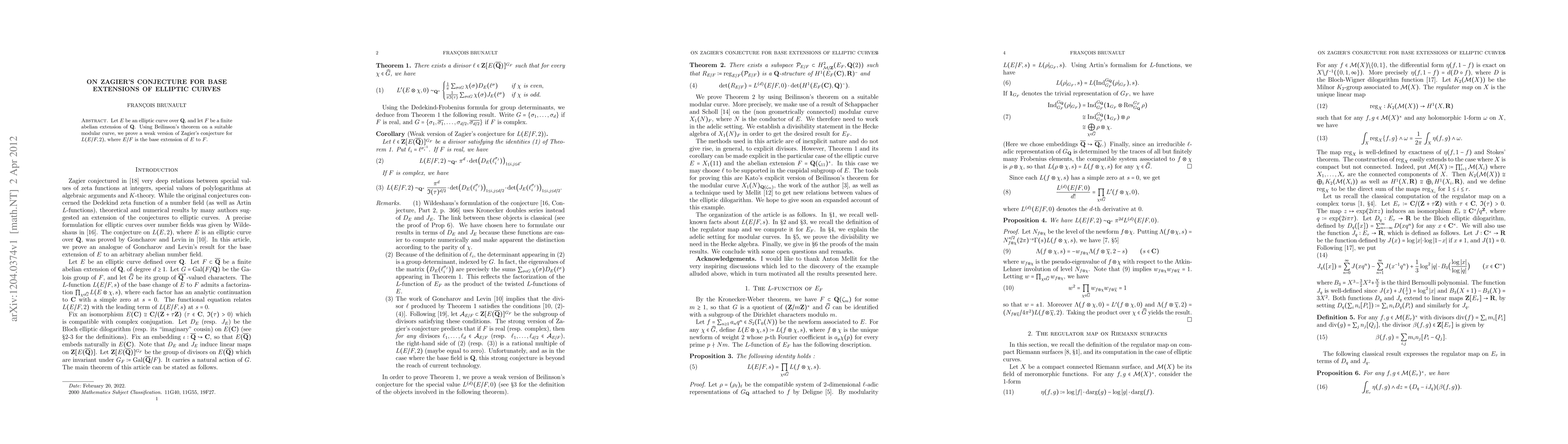 Thumbnail for On Zagier's conjecture for base extensions of elliptic curves