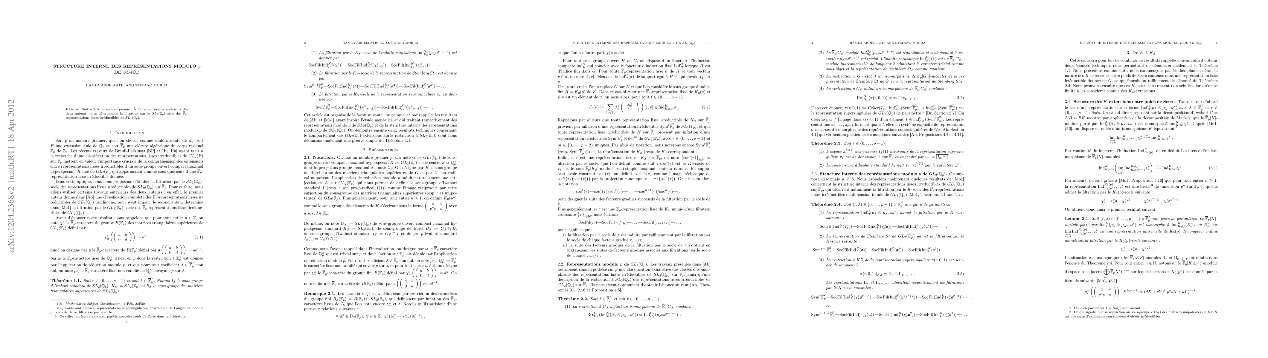 Thumbnail for Structure interne des representations modulo p de SL(2,Q_{p})