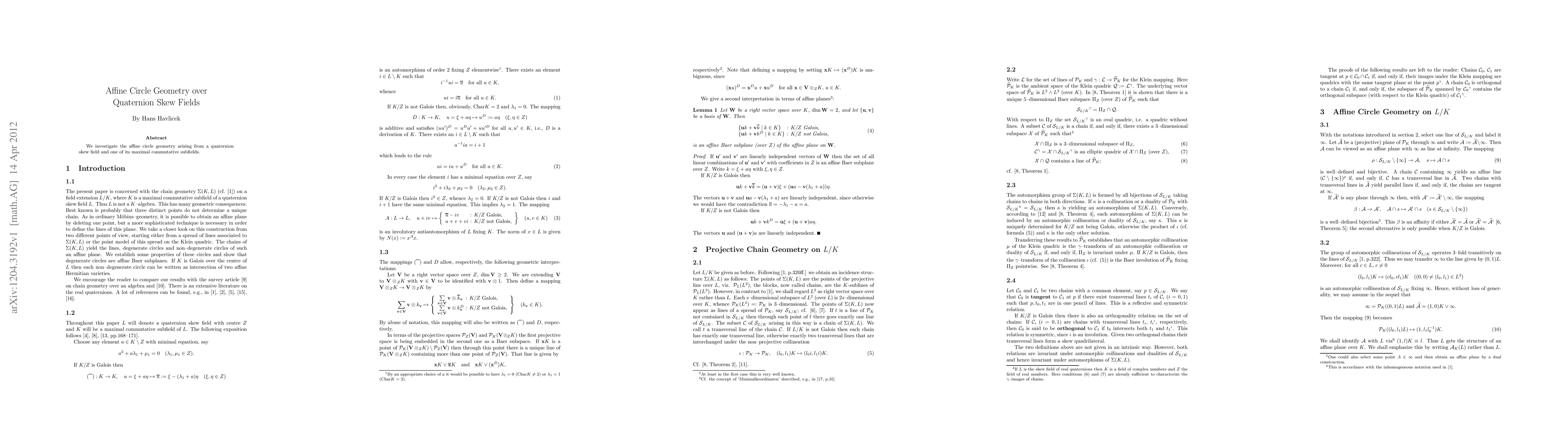 Thumbnail for Affine Circle Geometry over Quaternion Skew Fields
