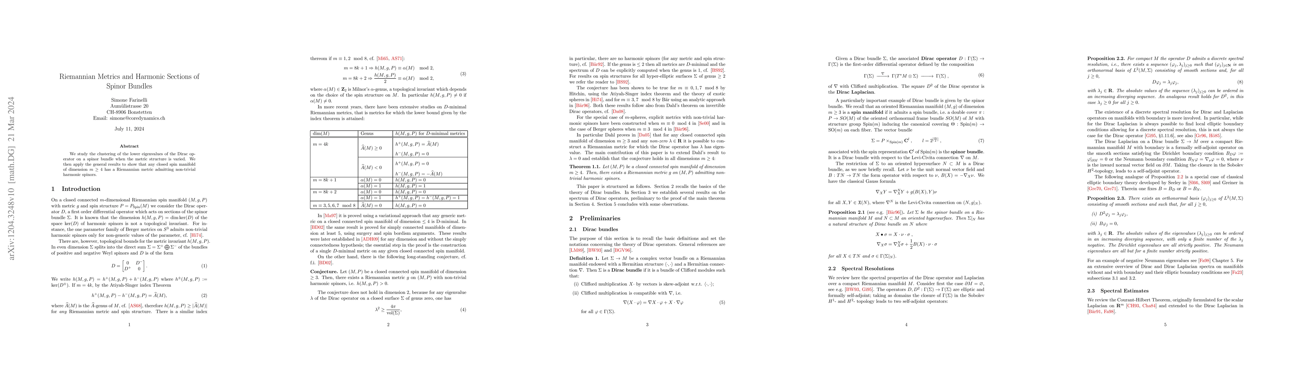 Thumbnail for Riemannian Metrics and Harmonic Sections of Spinor Bundles