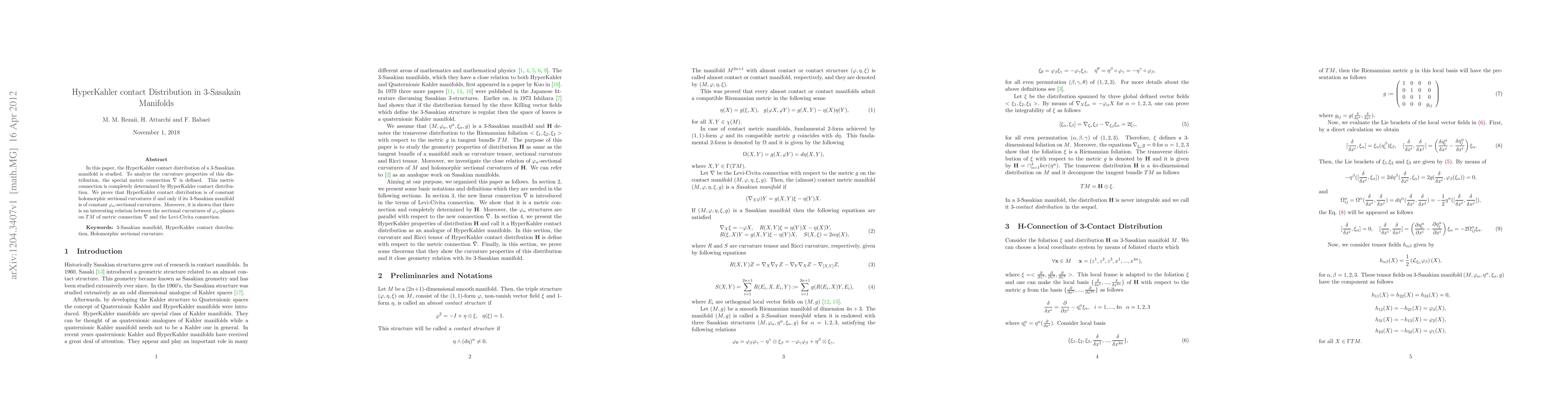 Thumbnail for HyperKahler contact Distribution in 3-Sasakain Manifolds