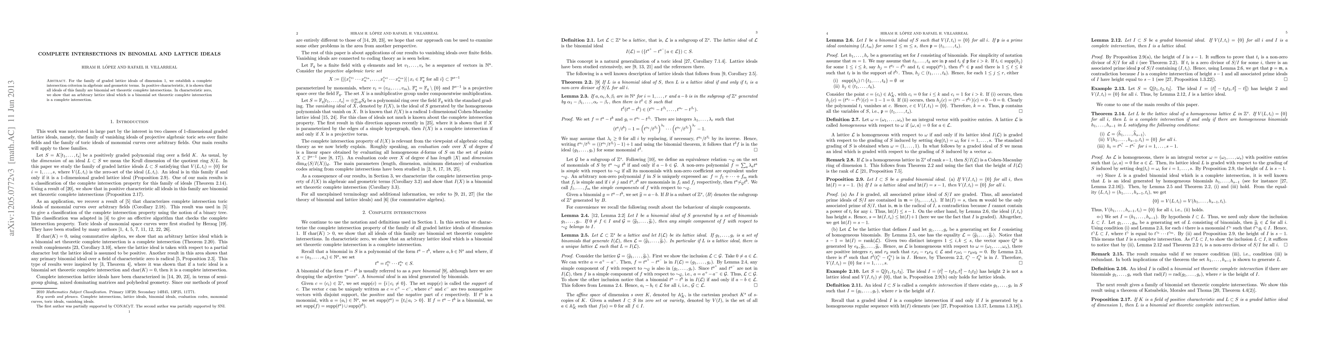 Thumbnail for Complete intersections in binomial and lattice ideals