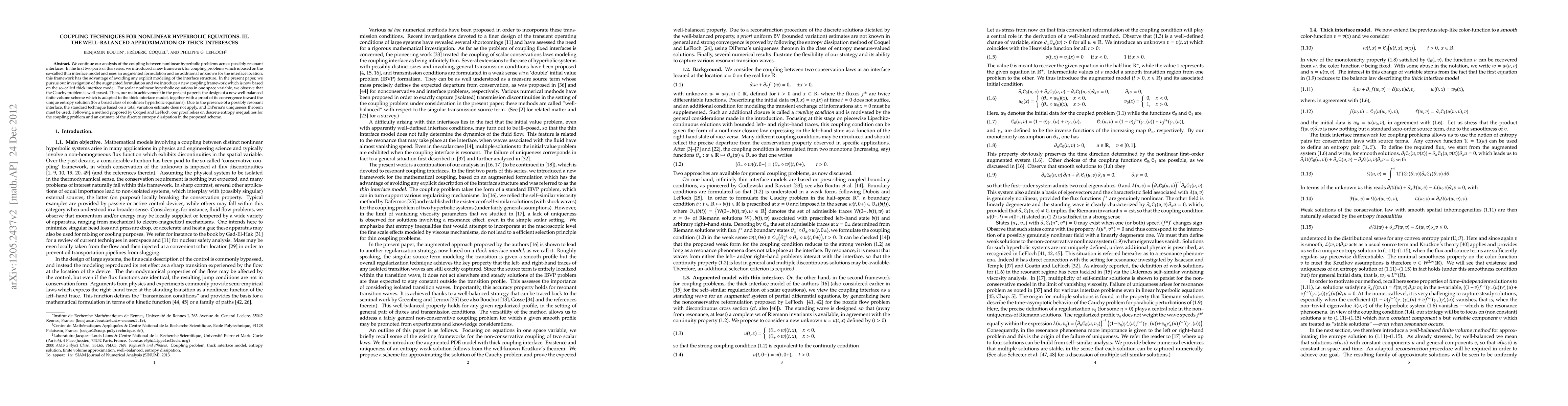 Thumbnail for Coupling techniques for nonlinear hyperbolic equations. III. The
  well-balanced approximation of thick interfaces