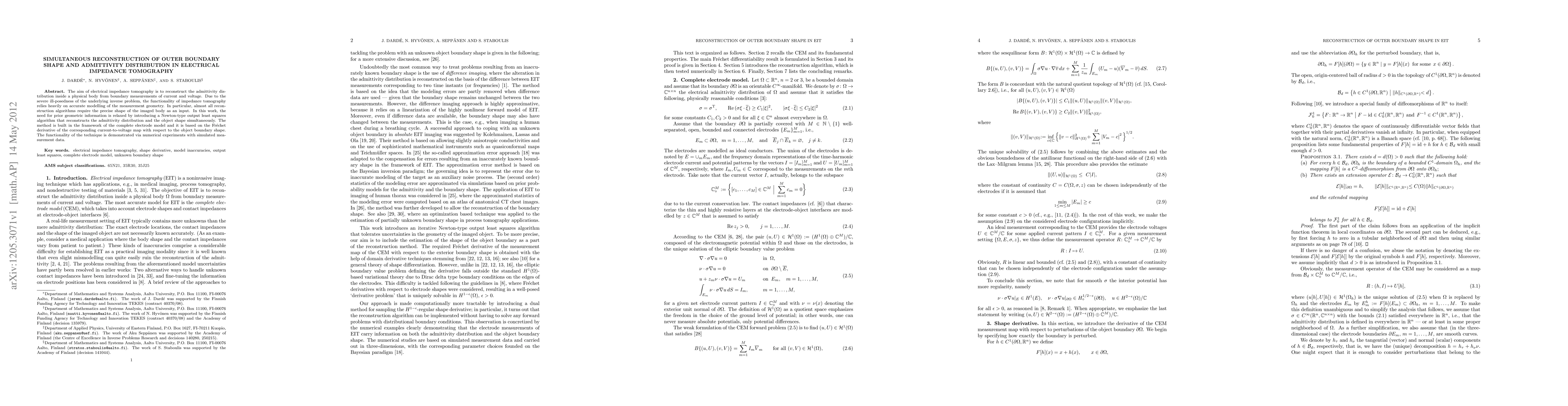Thumbnail for Simultaneous reconstruction of outer boundary shape and admittivity
  distribution in electrical impedance tomography
