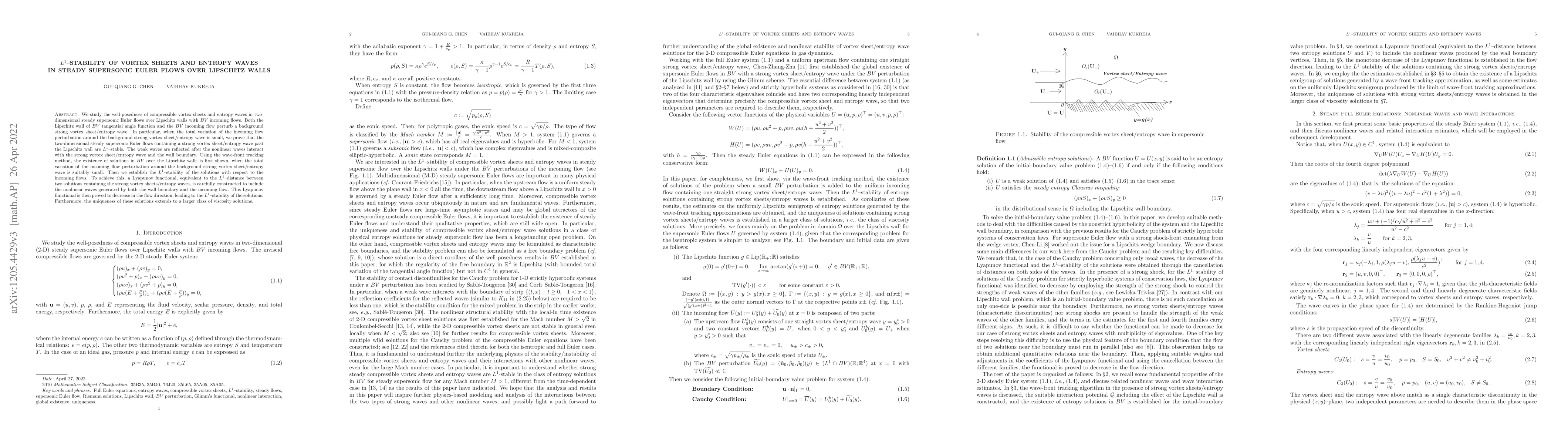 Thumbnail for $L^1$-Stability of Vortex Sheets and Entropy Waves in Steady
  Compressible Supersonic Euler Flows over Lipschitz Walls