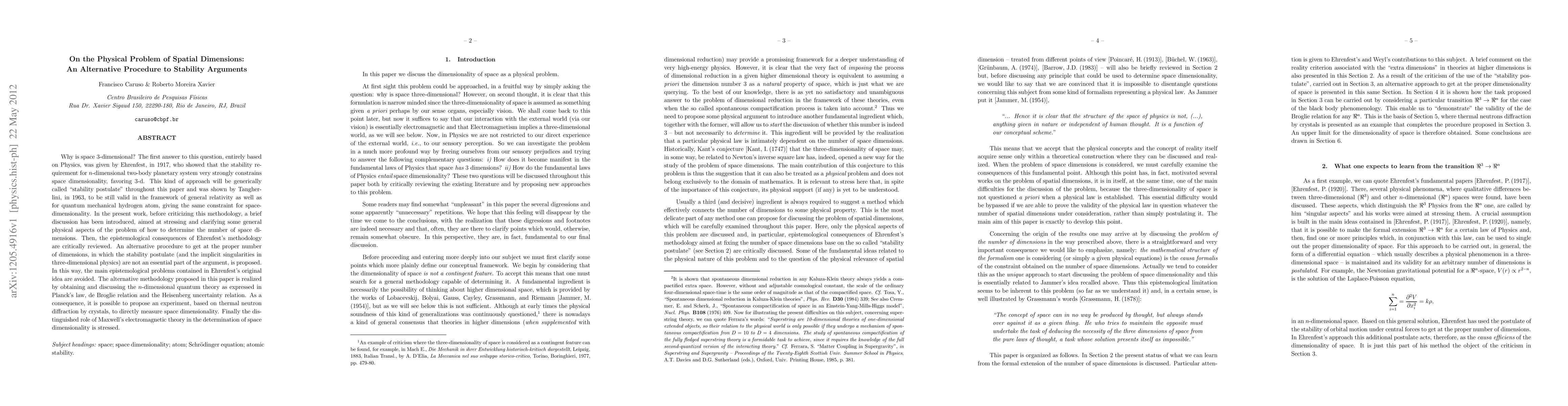 Thumbnail for On the Physical Problem of Spatial Dimensions: An Alternative Procedure
  to Stability Arguments