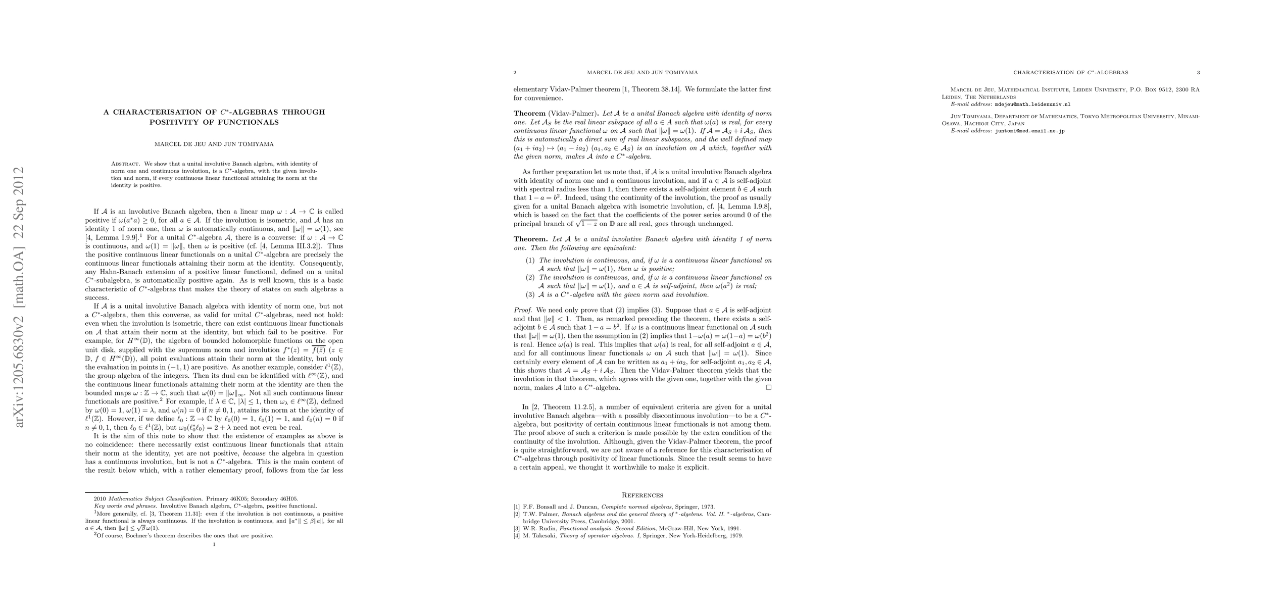 Thumbnail for A characterisation of C*-algebras through positivity of functionals