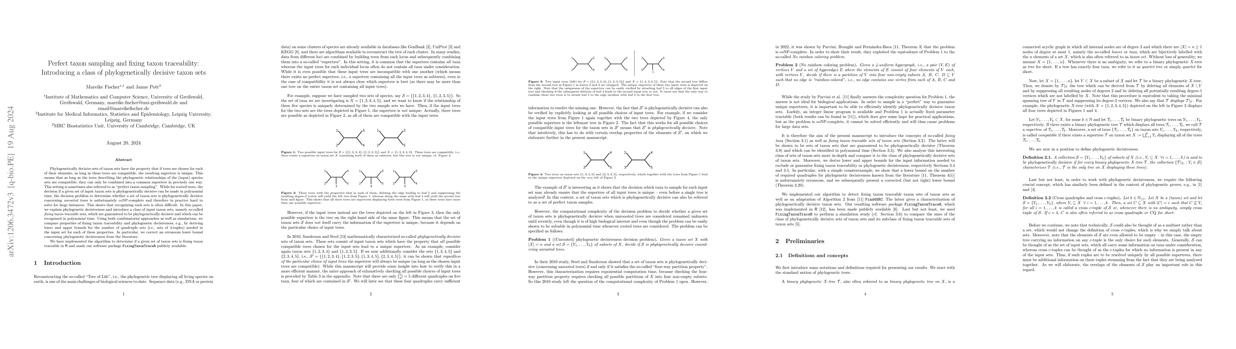 Thumbnail for Perfect taxon sampling and fixing taxon traceability: Introducing a
  class of phylogenetically decisive taxon sets