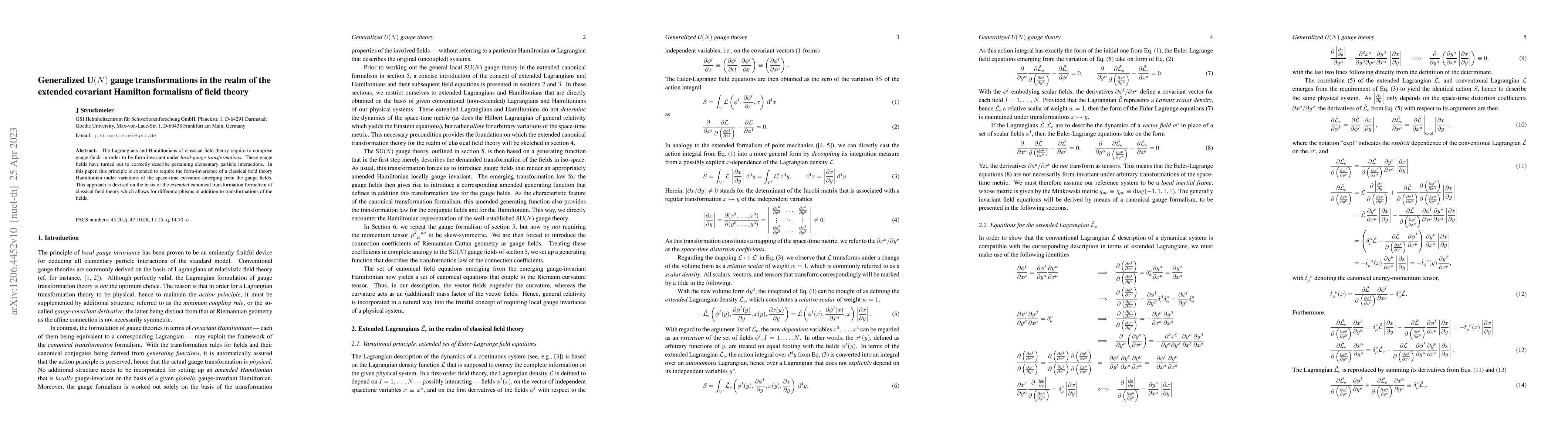 Thumbnail for Generalized U(N) gauge transformations in the realm of the extended
  covariant Hamilton formalism of field theory