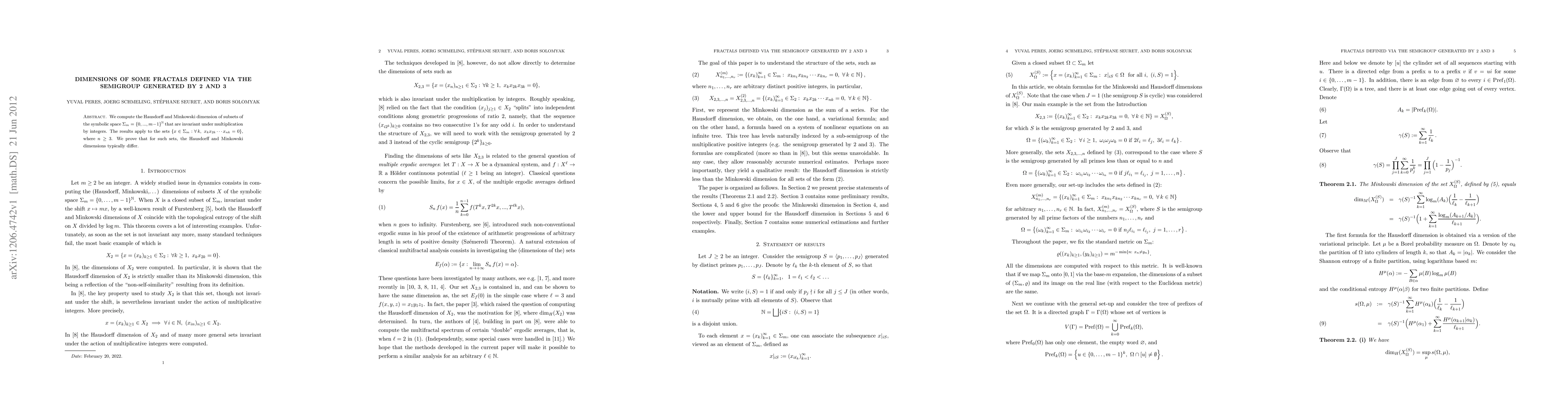 Thumbnail for Dimensions of some fractals defined via the semigroup generated by 2 and
  3