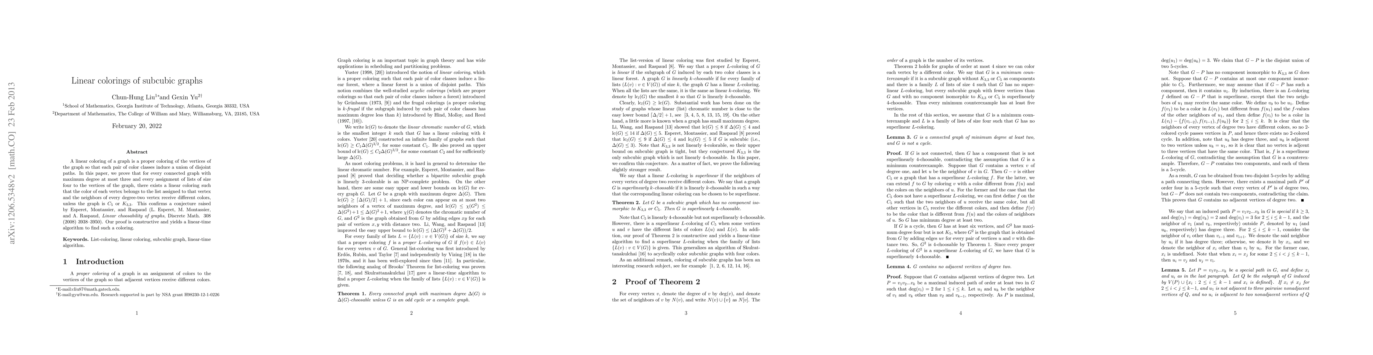 Thumbnail for Linear colorings of subcubic graphs