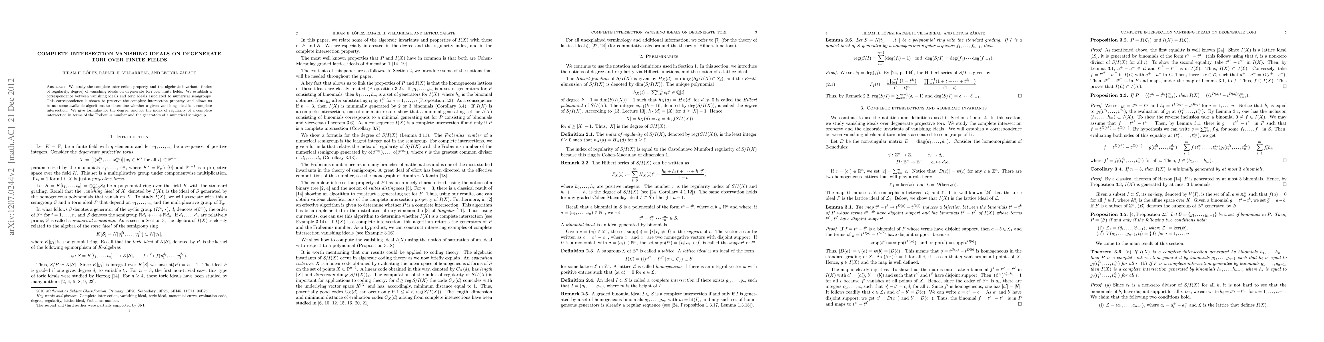 Thumbnail for Complete intersection vanishing ideals on degenerate tori over finite
  fields