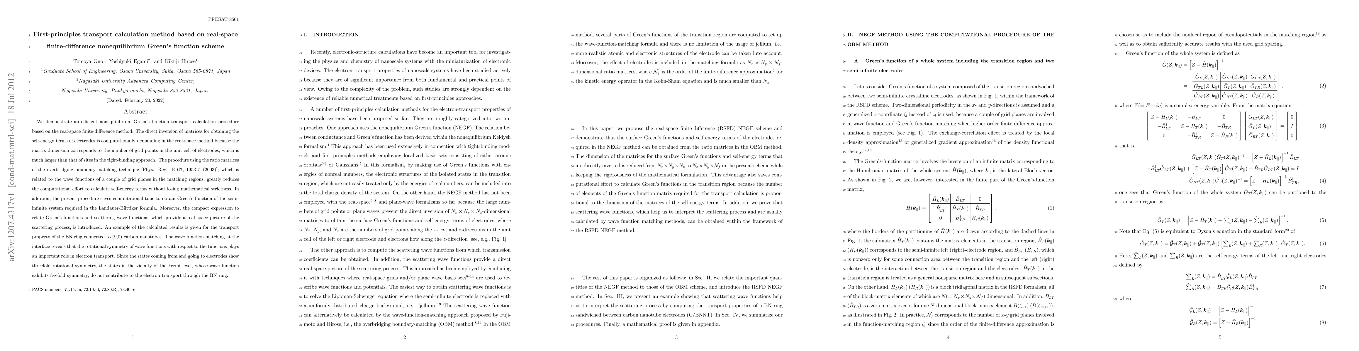 Thumbnail for First-principles transport calculation method based on real-space
  finite-difference nonequilibrium Green's function scheme