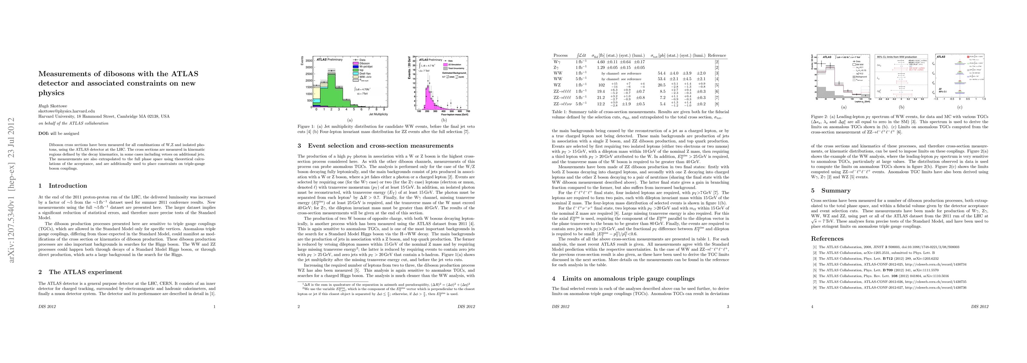Thumbnail for Measurements of dibosons with the ATLAS detector and associated
  constraints on new physics