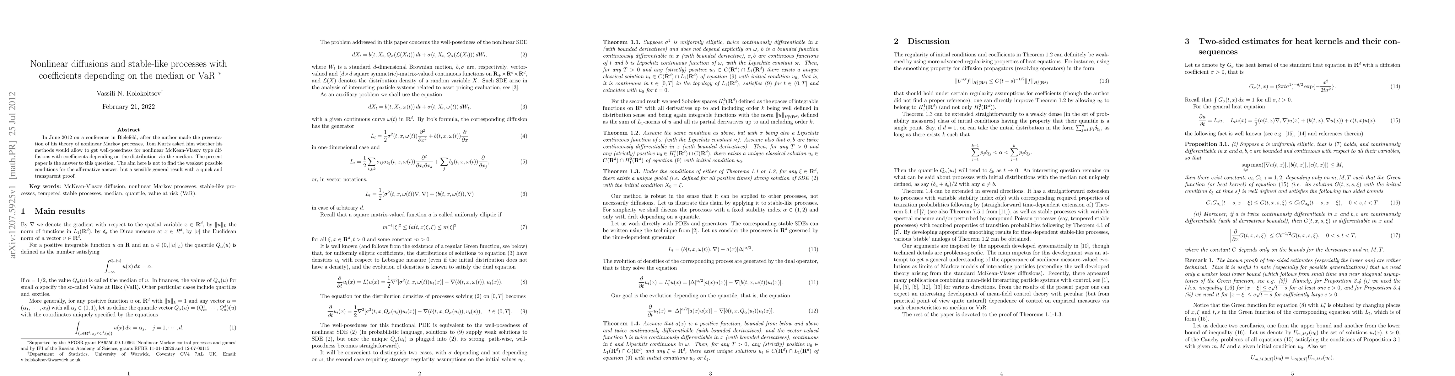 Thumbnail for Nonlinear diffusions and stable-like processes with coefficients
  depending on the median or VaR
