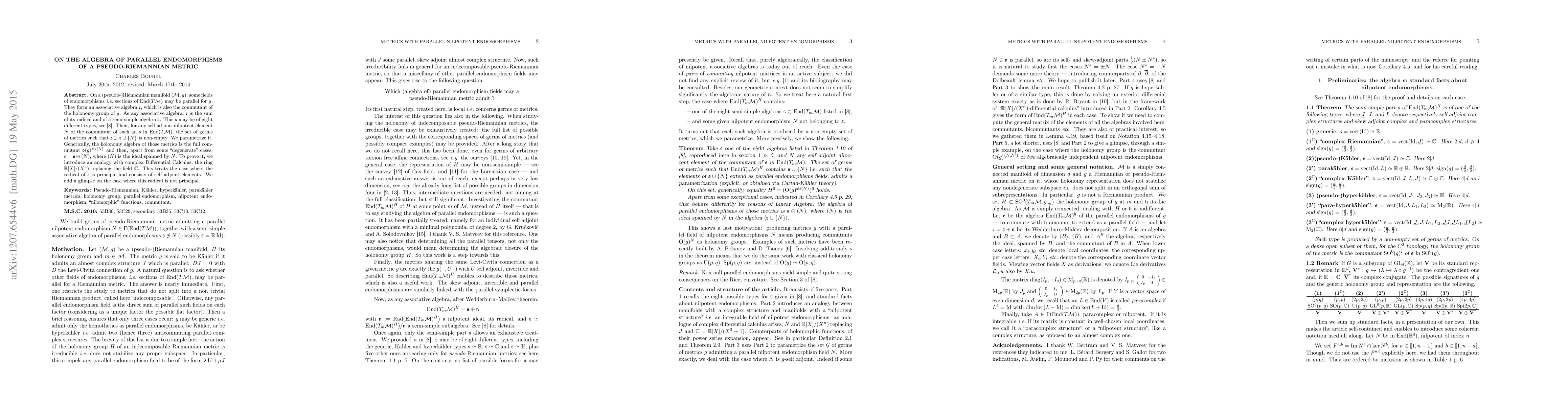 Thumbnail for The algebra of parallel endomorphisms of a germ of pseudo-Riemannian
  metric
