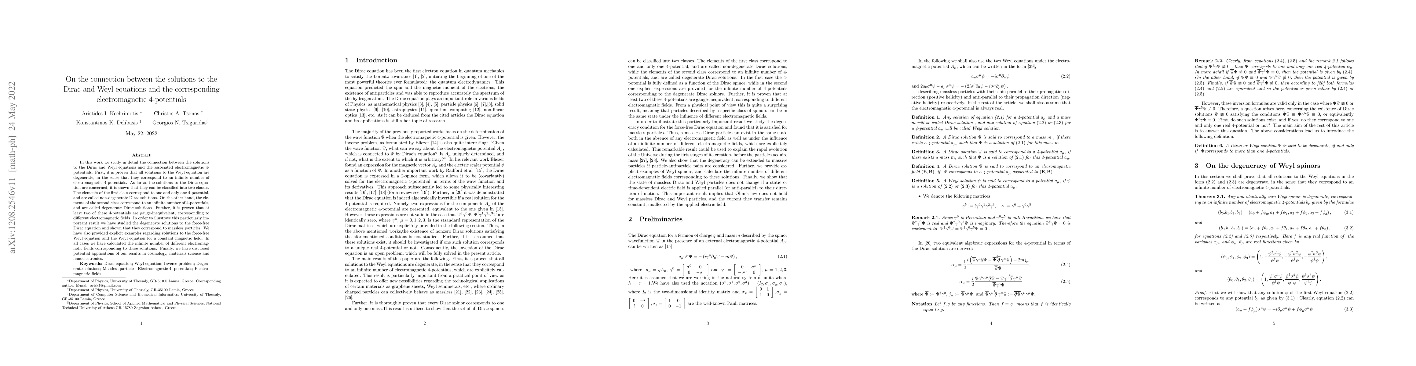 Thumbnail for On the connection between the solutions to the Dirac and Weyl equations
  and the corresponding electromagnetic 4-potentials