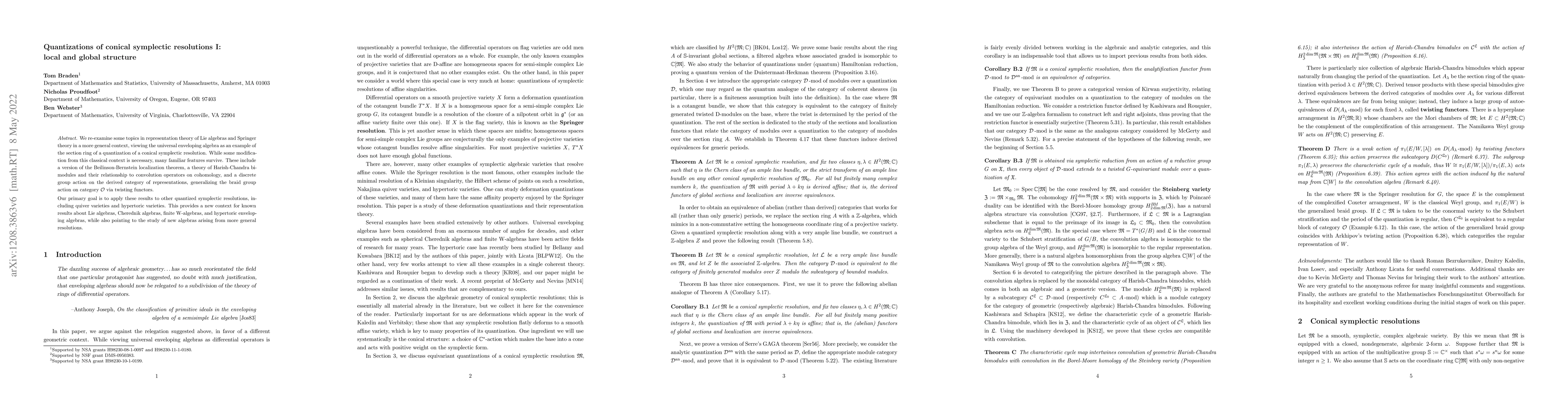 Thumbnail for Quantizations of conical symplectic resolutions I: local and global
  structure