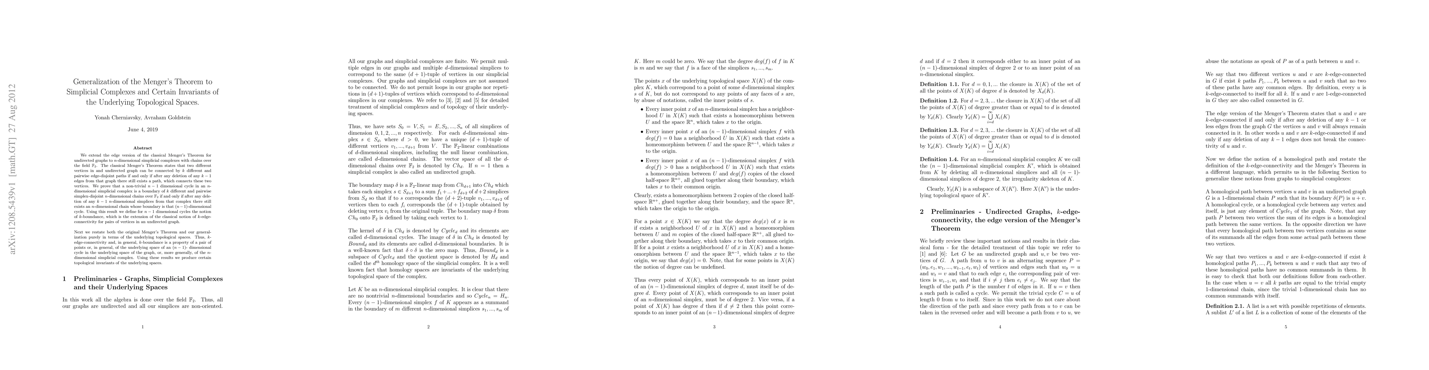 Thumbnail for Generalization of the Menger's Theorem to Simplicial Complexes and
  Certain Invariants of the Underlying Topological Spaces