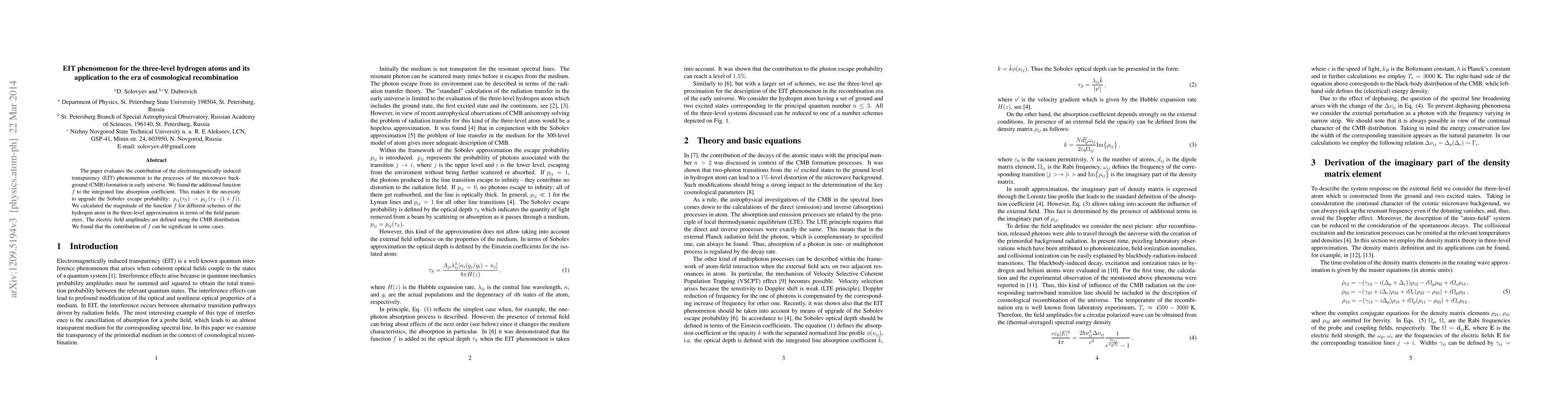Thumbnail for EIT phenomenon for the three-level hydrogen atoms and its application to
  the era of the cosmological recombination