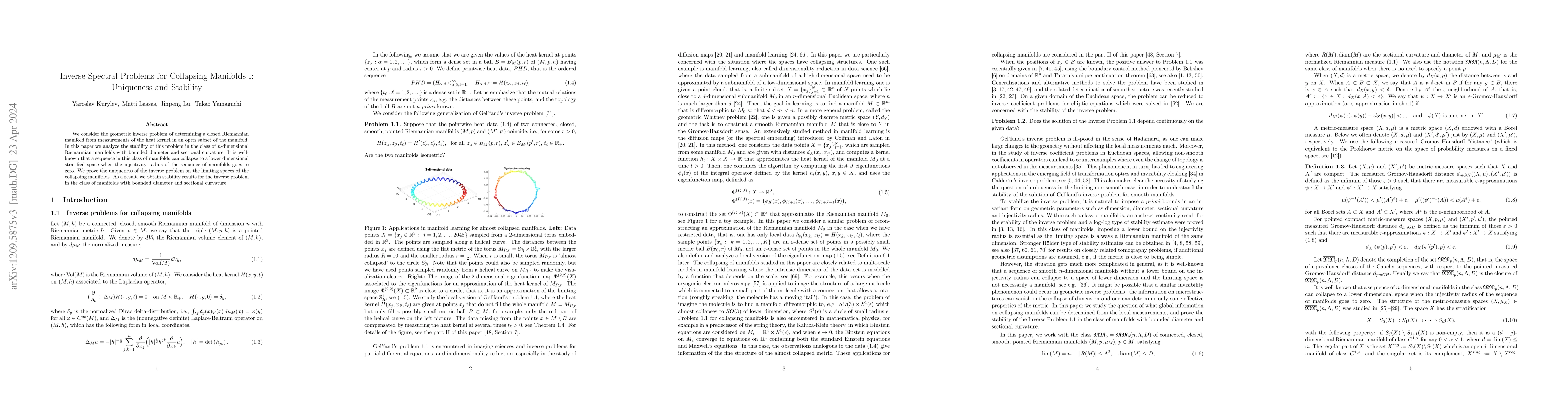 Thumbnail for Inverse Spectral Problems for Collapsing Manifolds I: Uniqueness and
  Stability