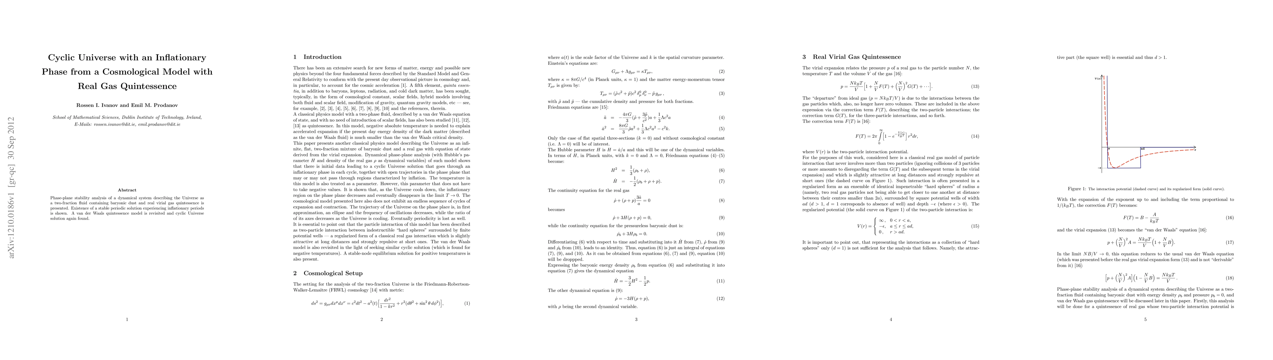 Thumbnail for Cyclic Universe with an Inflationary Phase from a Cosmological Model
  with Real Gas Quintessence